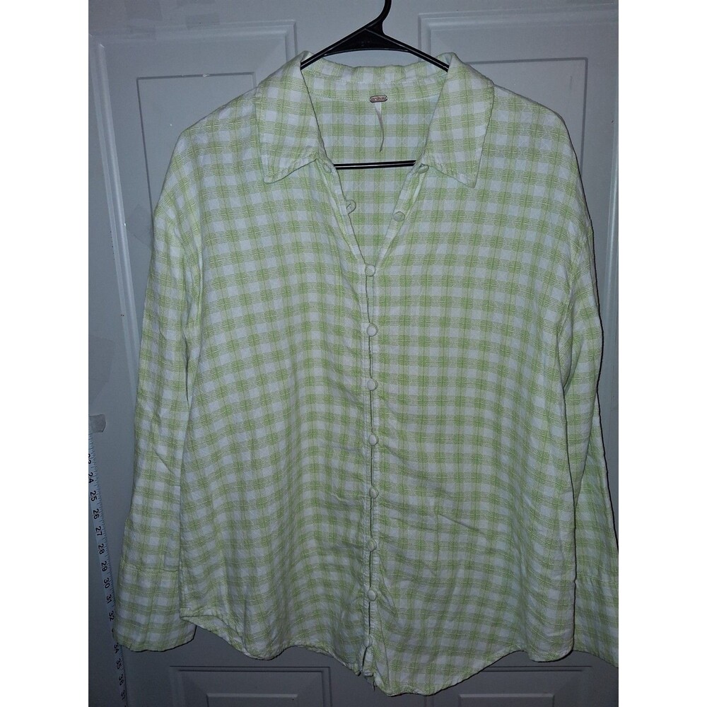 Free People Green White Gingham Button Front Blouse Womens XS/S Lightweight Boho
